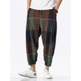 Mens 100% Cotton Plaid Drawstring Elastic Leg Casual Pants With Pocket