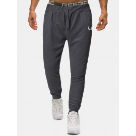 Cotton Mens Solid Color Print Pocket Drawstring Sport Jogger Pants