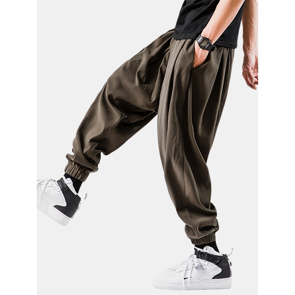 Mens Cotton Solid Color Loose Drawstring Mid Waist Elastic Cuff Jogger Pants