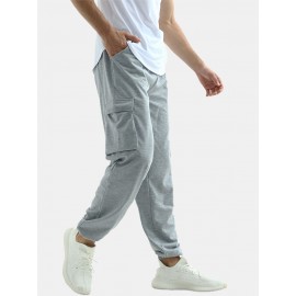 Mens Cotton Elastic Waist Multi Pocket Gery Jogger Pants