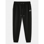 Mens Cotton Letter Print Black Drawstring Sport Jogger Pants