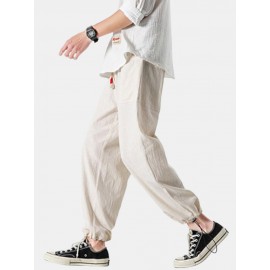 Cotton Mens Solid Color Pocket Elastic Waist Drawstring Casual Pants