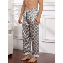 Mens Circle Pattern Printing Faux Silk Lightweight Breathable Loose Home Elastic Waist Lounge Sleep Pants