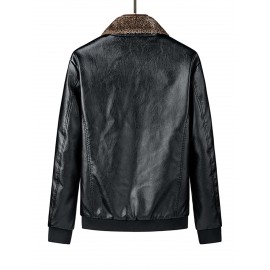 Men Contrast Teddy Collar Zip Up PU Jacket Without Tee