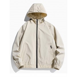 Men Solid Zip Through Drawstring Hooded Jacket