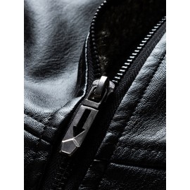 Men Contrast Teddy Collar Zip Up PU Jacket Without Tee