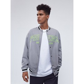 Men Letter Embroidery Slant Pocket Bomber Jacket