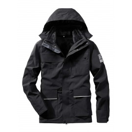 Men Patched Detail Flap Pocket Thermal Lined Zipper Hooded Jacket