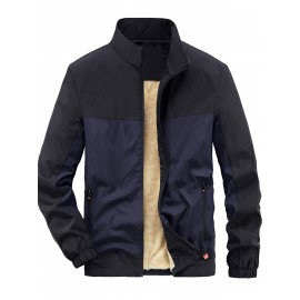 Men Color Block Zip Pocket Teddy Lined Jacket