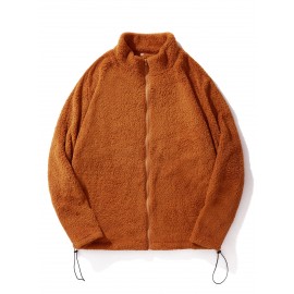 Men Drawstring Hem Zipper Teddy Jacket