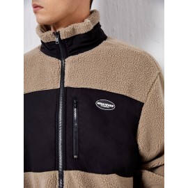 Men Zip Up Teddy Panel Patch Detail Jacket