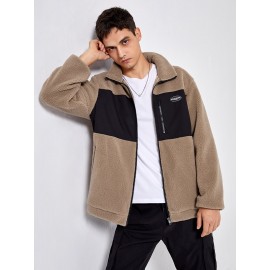 Men Zip Up Teddy Panel Patch Detail Jacket