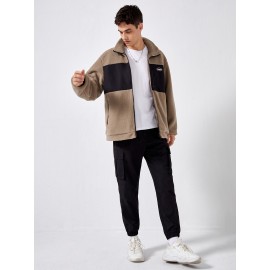 Men Zip Up Teddy Panel Patch Detail Jacket