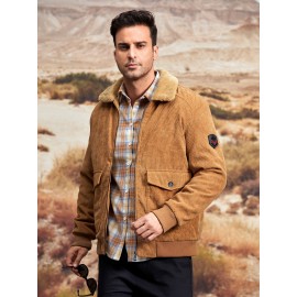 Men Solid Corduroy Zip Up Pocket Jacket