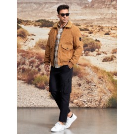 Men Solid Corduroy Zip Up Pocket Jacket