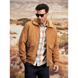 Men Solid Corduroy Zip Up Pocket Jacket