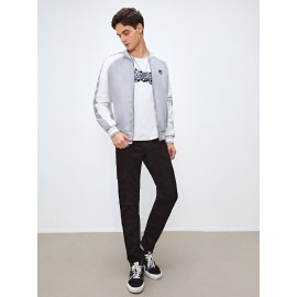 Men Contrast Side Seam Letter Patched Detail Zipper Bomber Jacket