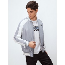 Men Contrast Side Seam Letter Patched Detail Zipper Bomber Jacket