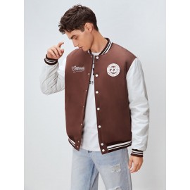 Men Letter Patched Striped Trim Bomber Jacket