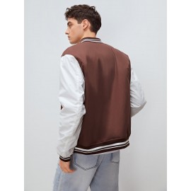 Men Letter Patched Striped Trim Bomber Jacket