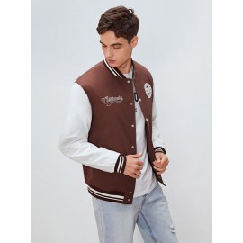 Men Letter Patched Striped Trim Bomber Jacket