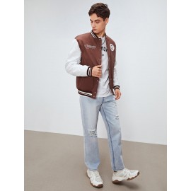 Men Letter Patched Striped Trim Bomber Jacket