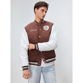 Men Letter Patched Striped Trim Bomber Jacket