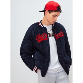 Men Letter Patched Raglan Sleeve Striped Trim Flannel Bomber Jacket