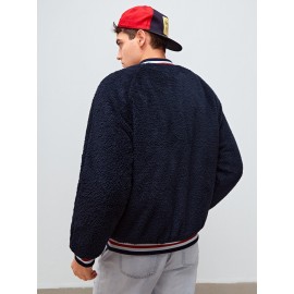 Men Letter Patched Raglan Sleeve Striped Trim Flannel Bomber Jacket