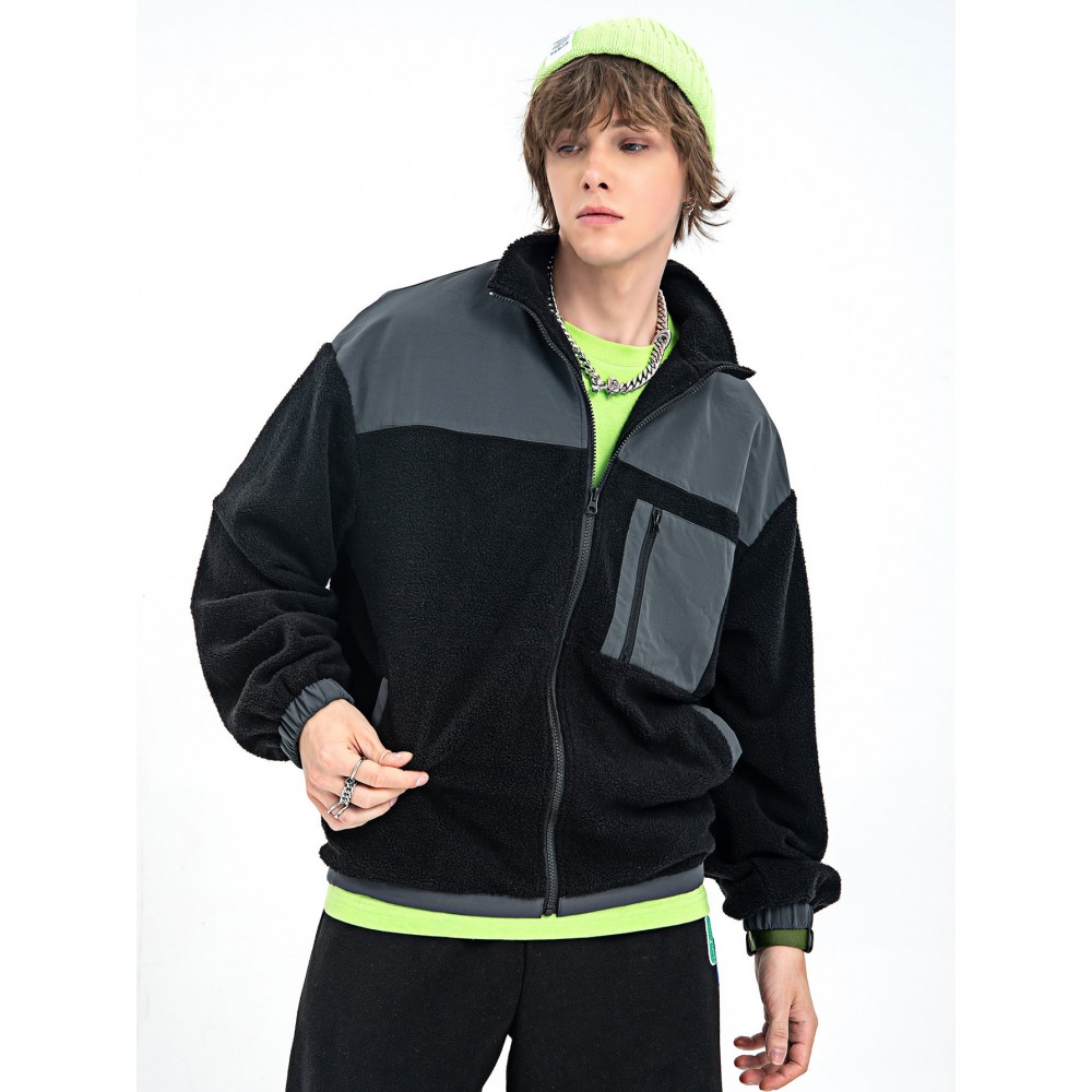 Men Colorblock Zip Up Pocket Teddy Jacket