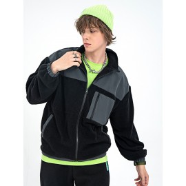 Men Colorblock Zip Up Pocket Teddy Jacket