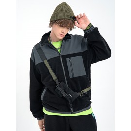 Men Colorblock Zip Up Pocket Teddy Jacket