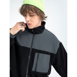 Men Colorblock Zip Up Pocket Teddy Jacket