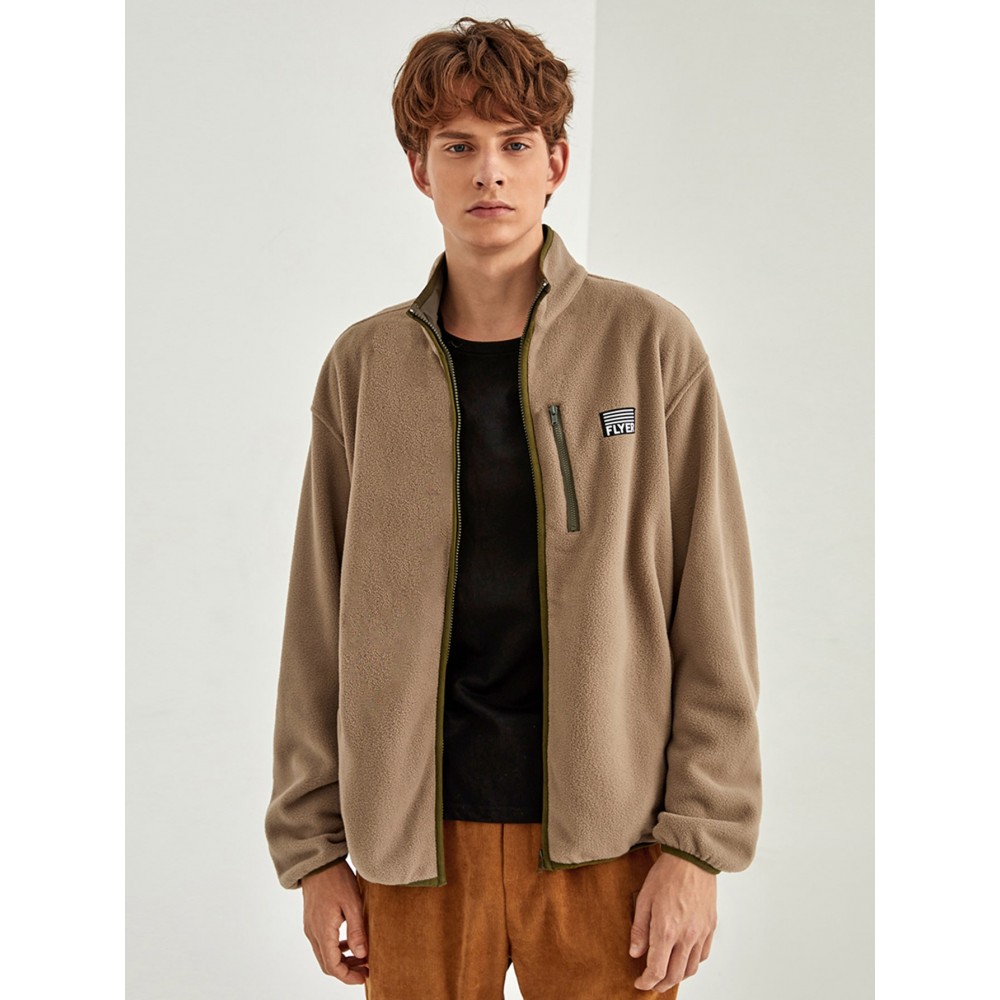 Men Letter Patch Detail Contrast Binding Fleece Jacket