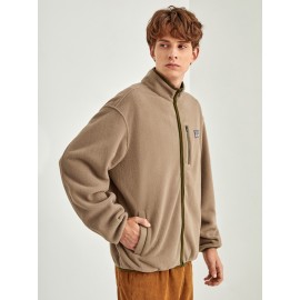 Men Letter Patch Detail Contrast Binding Fleece Jacket