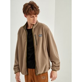 Men Letter Patch Detail Contrast Binding Fleece Jacket