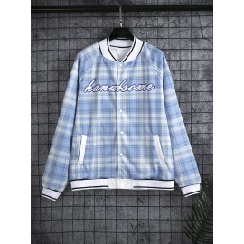 Letter Plaid Button Front Bomber Jacket