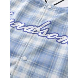 Letter Plaid Button Front Bomber Jacket