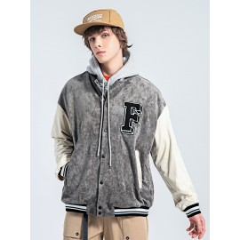 Men Colorblock Letter Patched Suedette Bomber Jacket