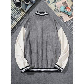 Men Colorblock Letter Patched Suedette Bomber Jacket