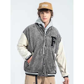 Men Colorblock Letter Patched Suedette Bomber Jacket