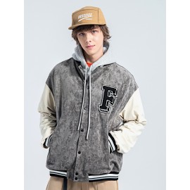 Men Colorblock Letter Patched Suedette Bomber Jacket