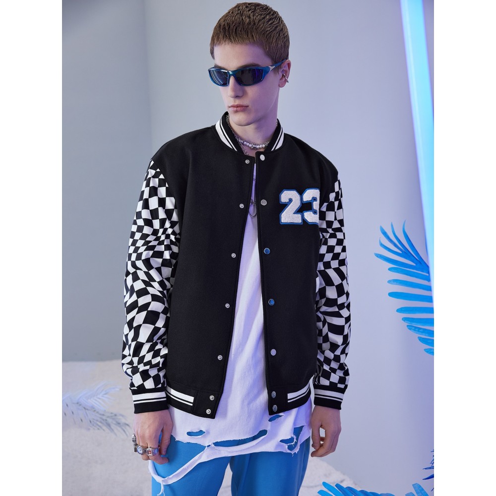 Men Number Patched Detail Checker Sleeve Bomber Jacket