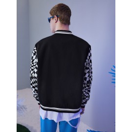 Men Number Patched Detail Checker Sleeve Bomber Jacket