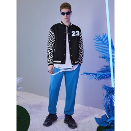 Men Number Patched Detail Checker Sleeve Bomber Jacket