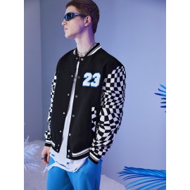 Men Number Patched Detail Checker Sleeve Bomber Jacket