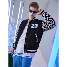 Men Number Patched Detail Checker Sleeve Bomber Jacket