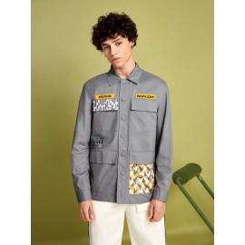 Men Bird & Slogan Graphic Flap Pocket Jacket