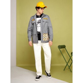 Men Bird & Slogan Graphic Flap Pocket Jacket