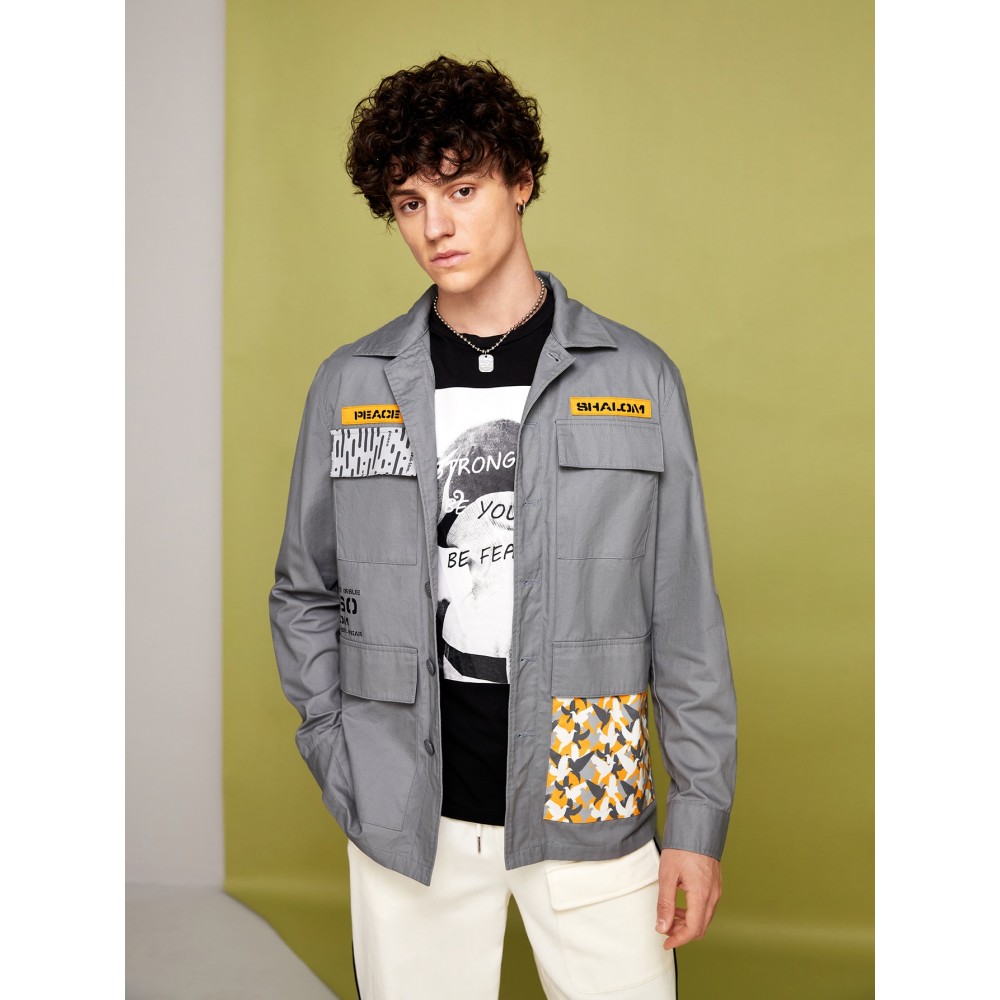 Men Bird & Slogan Graphic Flap Pocket Jacket